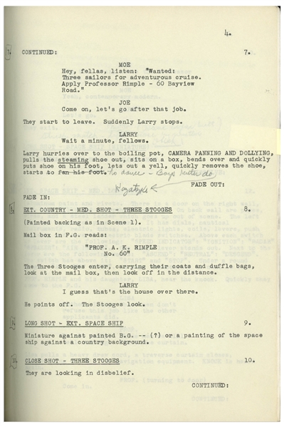 Moe Howard's 24pp. Script Dated August 1956 for The Three Stooges Film ''Space Ship Sappy'' -- With Moe's Annotations & Signatures & Additional 12pp. Script Changes, Shot List & Schedule -- Very Good